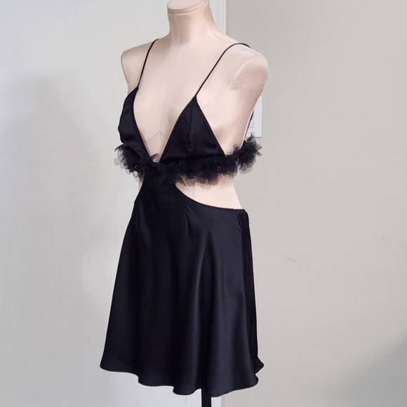 New!For Love and Lemons Satin Cutout Tulle Trim Slip Dress - Picture 11 of 15